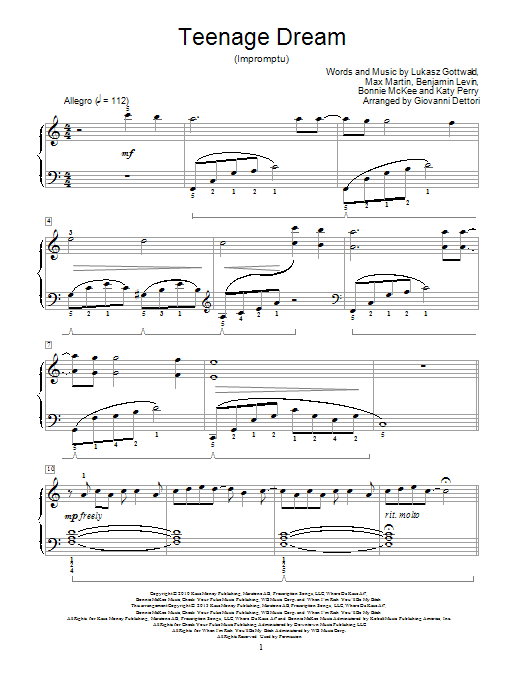 Download Giovanni Dettori Teenage Dream Sheet Music and learn how to play Easy Piano PDF digital score in minutes