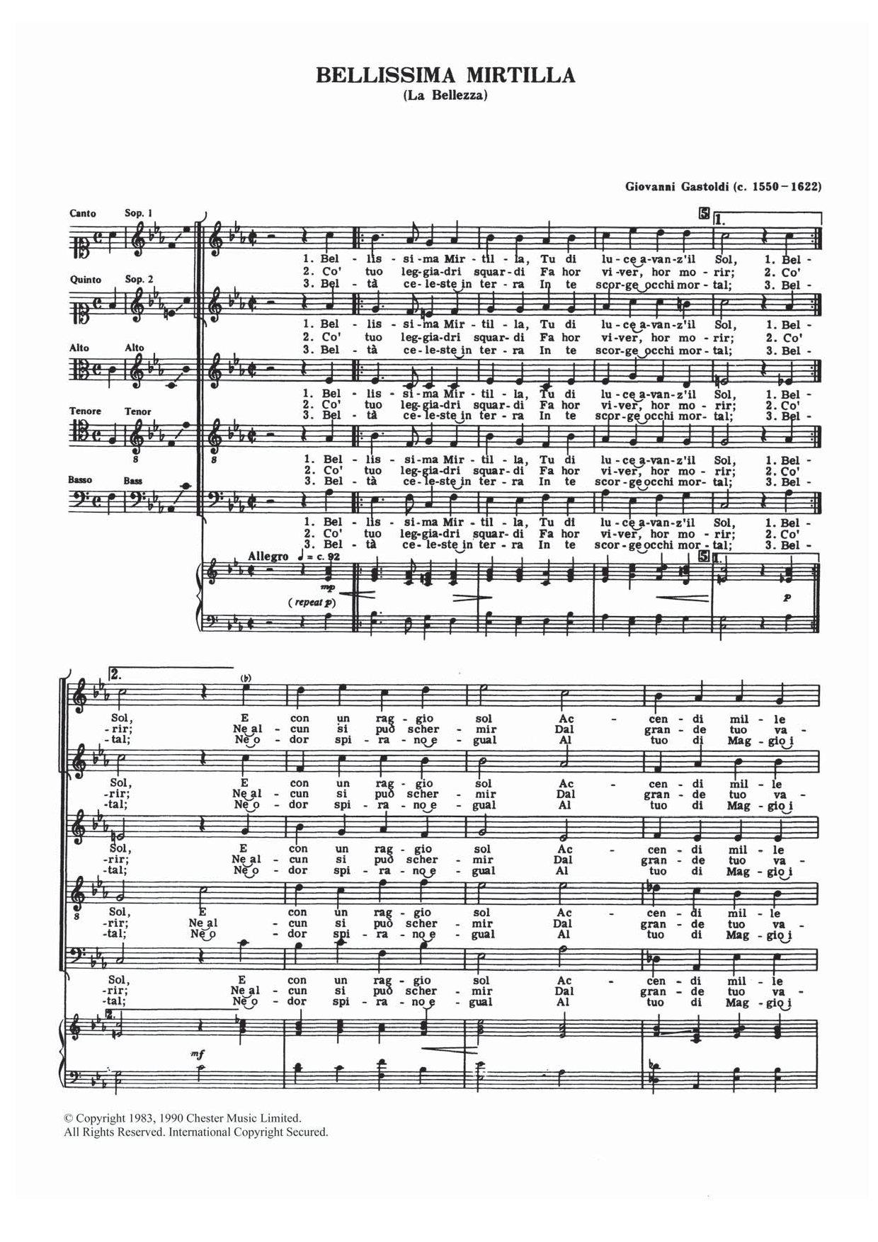 Download Giovanni Giacomo Gastoldi Bellissima Mirtilla Sheet Music and learn how to play Choir PDF digital score in minutes