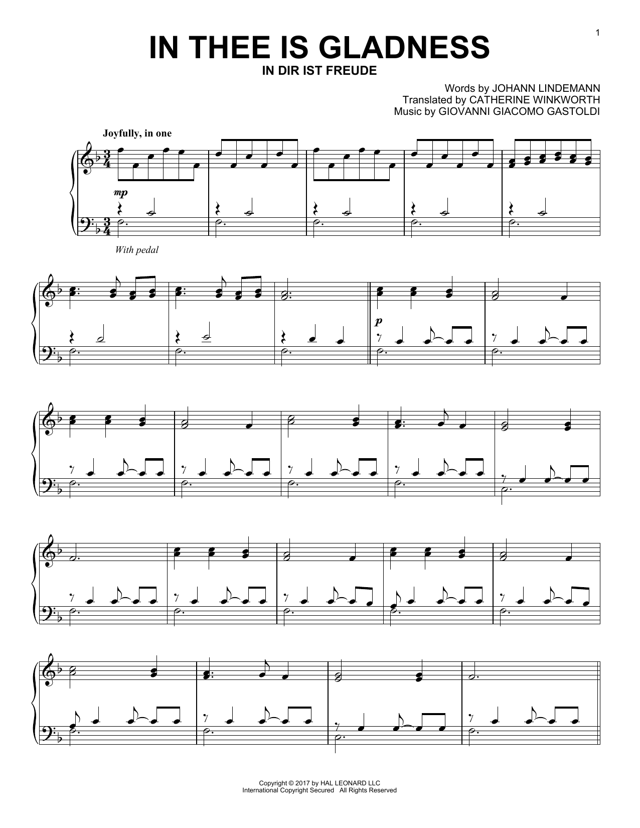 Download Giovanni Giacomo Gastoldi In Thee Is Gladness Sheet Music and learn how to play Piano PDF digital score in minutes
