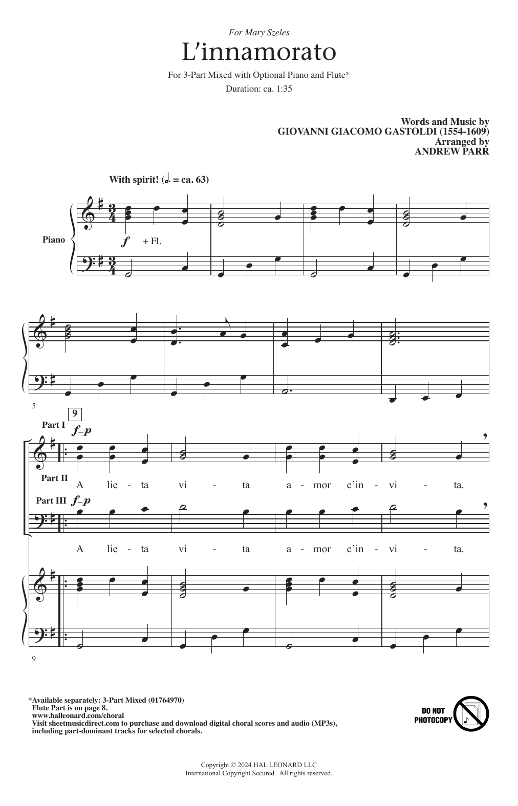 Download Giovanni Giacomo Gastoldi L'innamorato Sheet Music and learn how to play 3-Part Mixed Choir PDF digital score in minutes