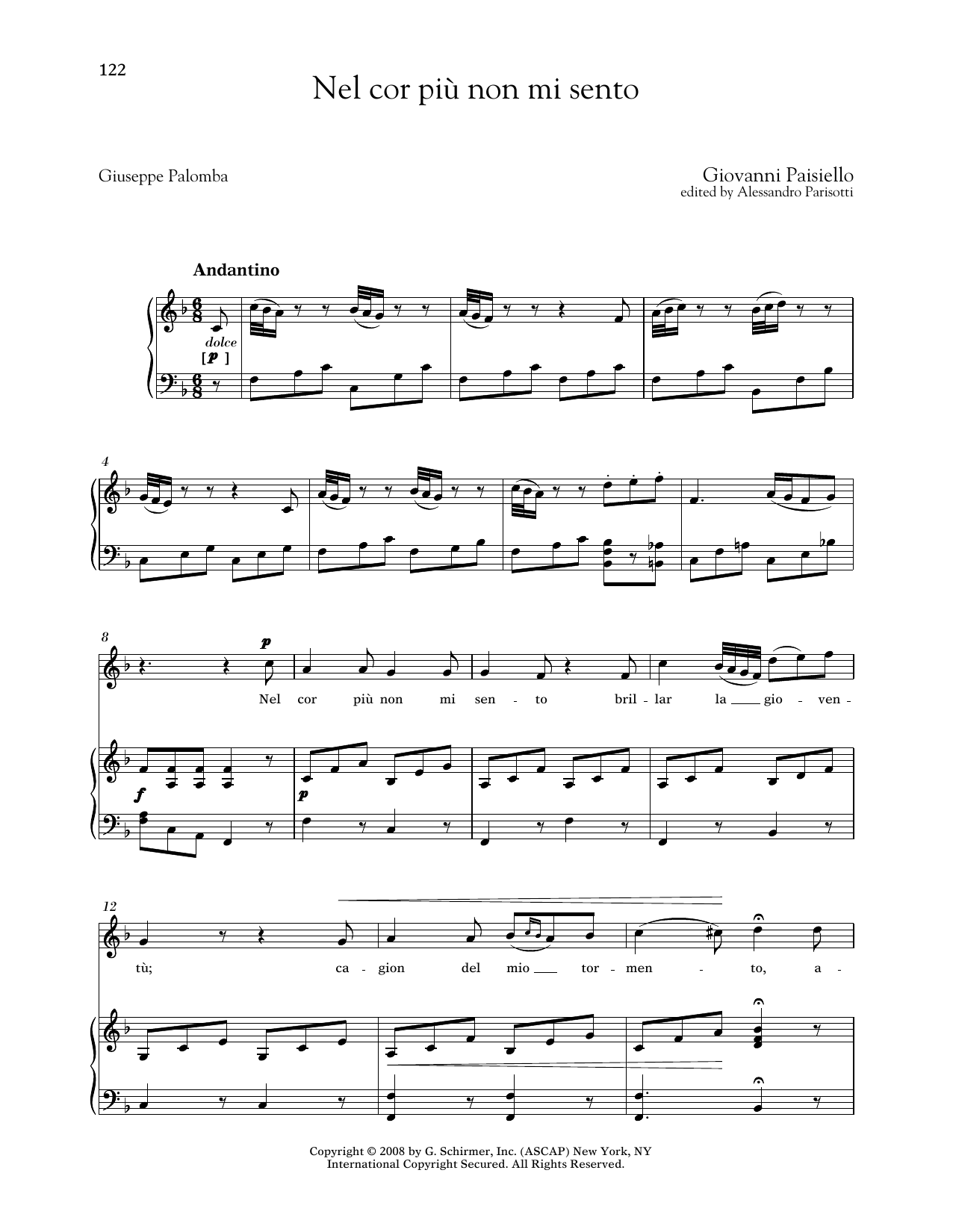 Download Giovanni Paisiello Nel Cor Piu Non Mi Sento (Medium High Voice) Sheet Music and learn how to play Piano & Vocal PDF digital score in minutes