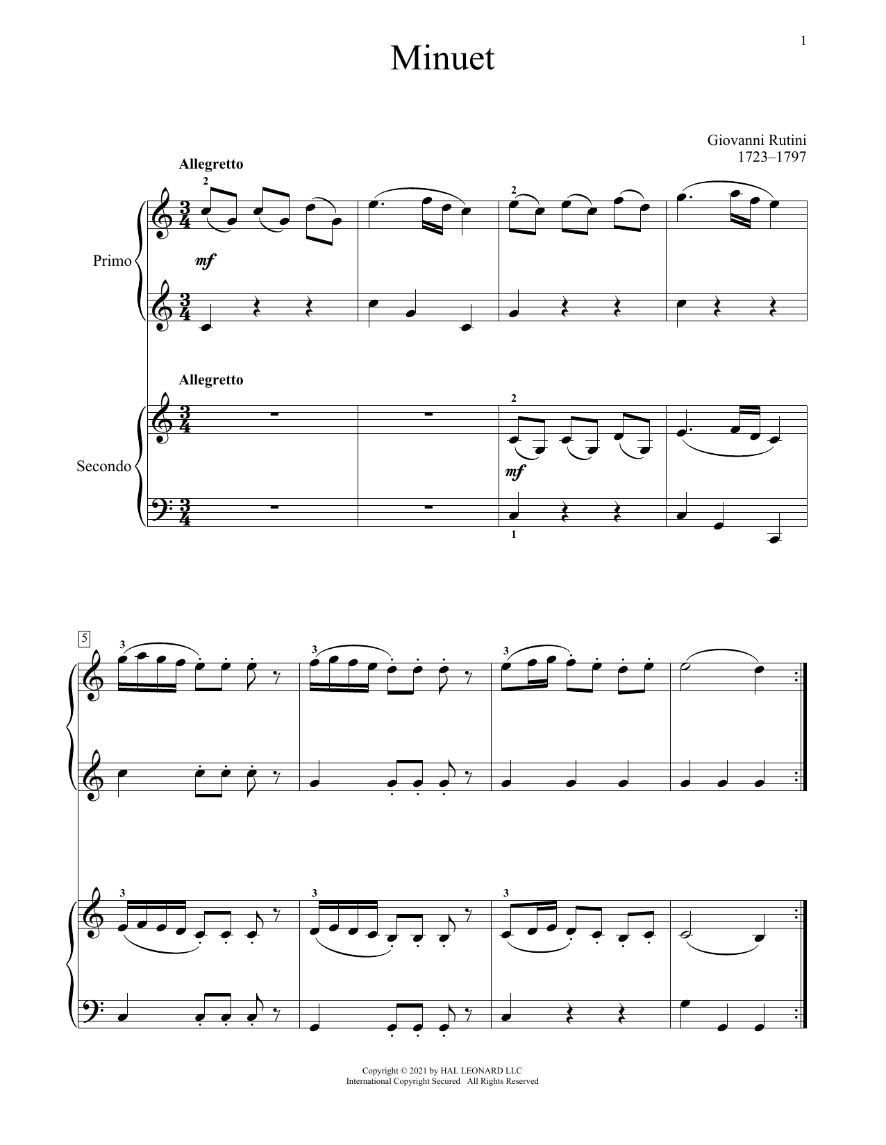 Download Giovanni Rutini Minuet Sheet Music and learn how to play Piano Duet PDF digital score in minutes