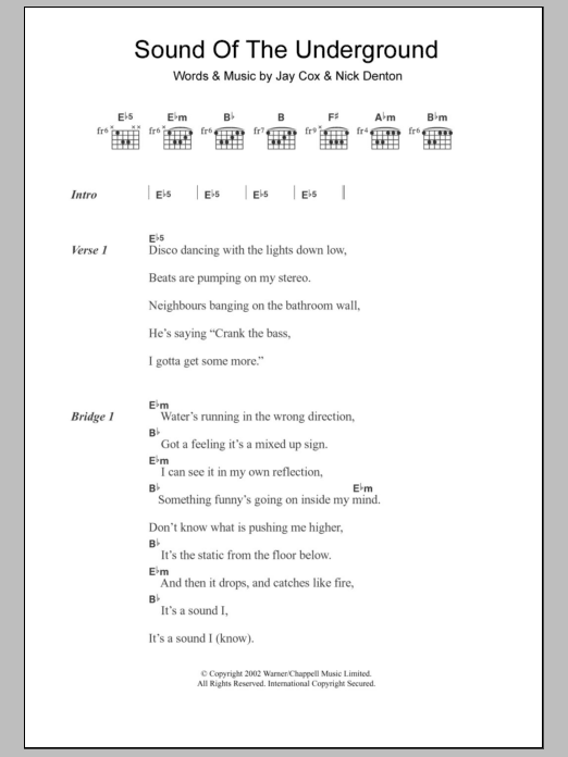 Download Girls Aloud Sound Of The Underground Sheet Music and learn how to play Lyrics & Chords PDF digital score in minutes