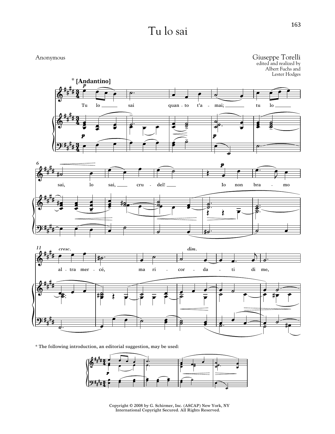 Download Giuseppe Torelli Tu Lo Sai (Medium High Voice) Sheet Music and learn how to play Piano & Vocal PDF digital score in minutes