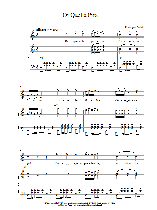Download Giuseppe Verdi Di Quella Pira Sheet Music and learn how to play Piano & Vocal PDF digital score in minutes
