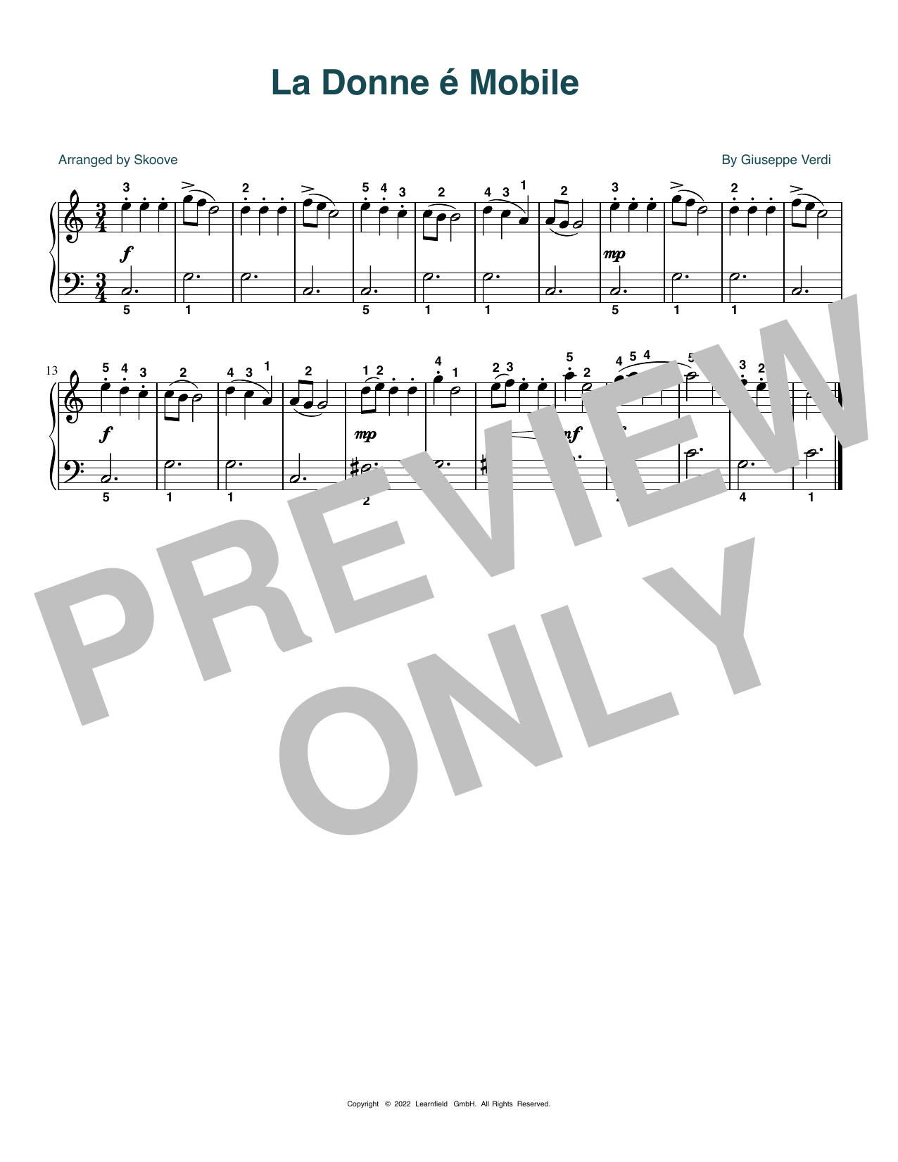 Download Giuseppe Verdi La Donne é Mobile (arr. Skoove) Sheet Music and learn how to play Beginner Piano (Abridged) PDF digital score in minutes