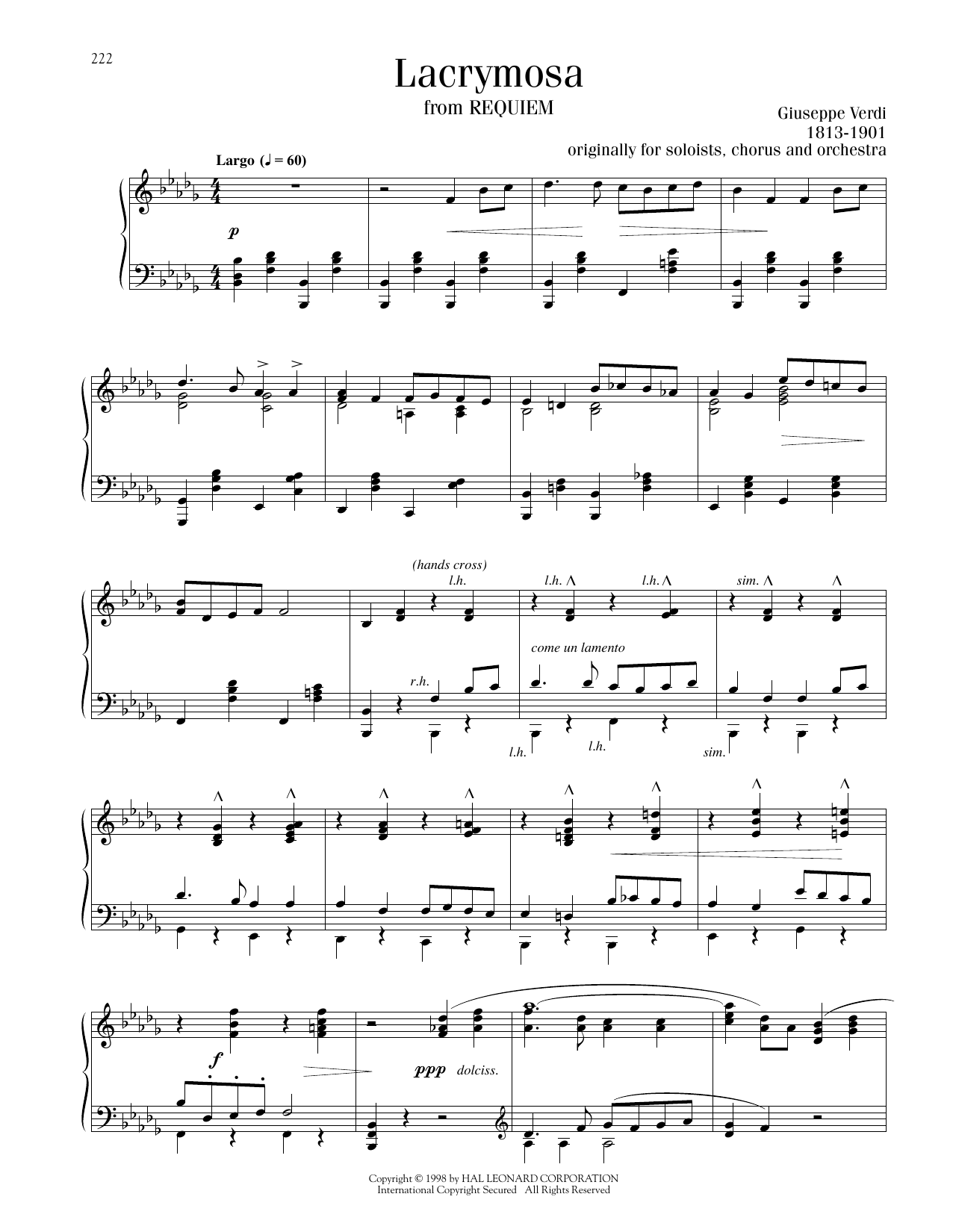 Download Giuseppe Verdi Lacrymosa Sheet Music and learn how to play Piano Solo PDF digital score in minutes