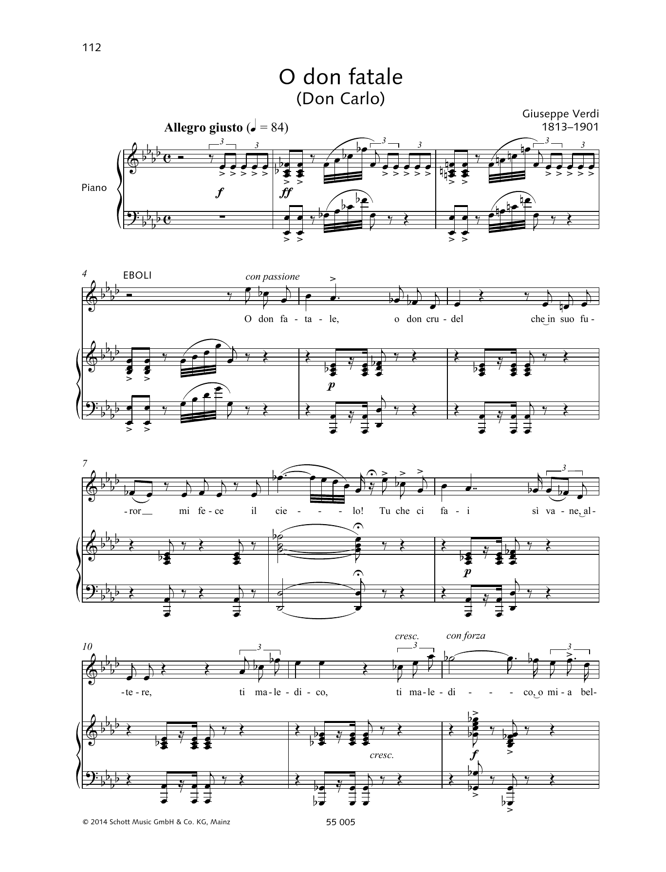 Download Giuseppe Verdi O don fatale Sheet Music and learn how to play Piano & Vocal PDF digital score in minutes