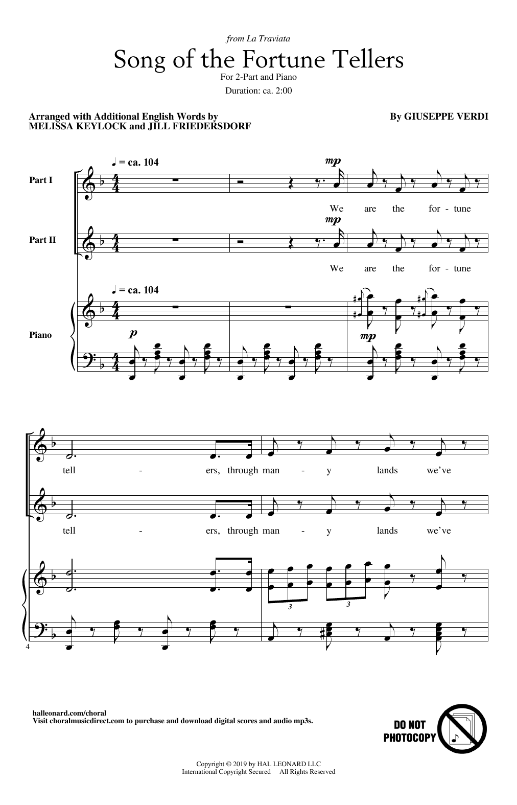 Download Giuseppe Verdi Song Of The Fortune Tellers (from La Traviata) (arr. Melissa Keylock and Jill Fr Sheet Music and learn how to play 2-Part Choir PDF digital score in minutes