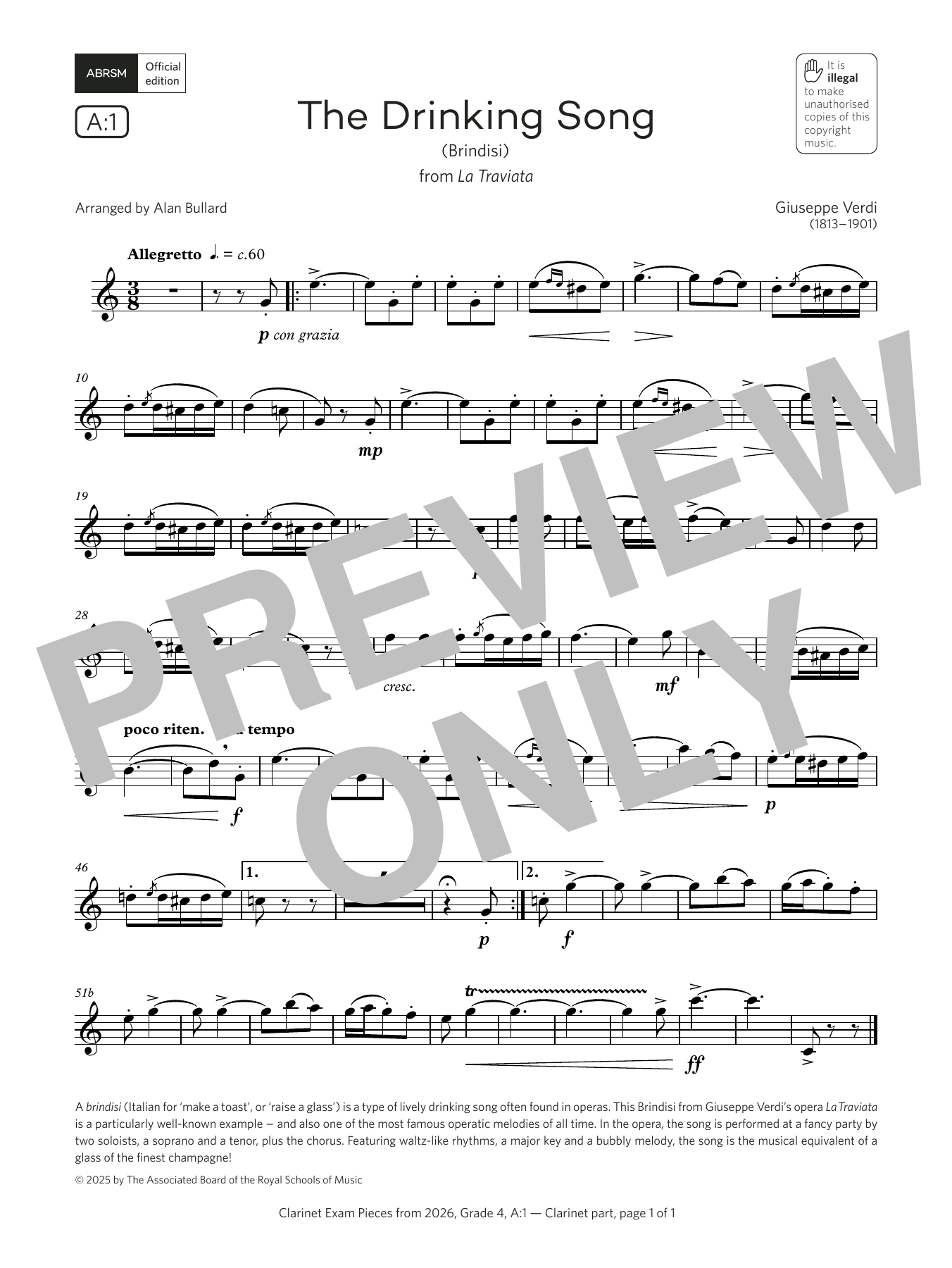 Download Giuseppe Verdi The Drinking Song (Grade 4, list A1, from the ABRSM Clarinet Syllabus from 2026) Sheet Music and learn how to play Clarinet Solo PDF digital score in minutes
