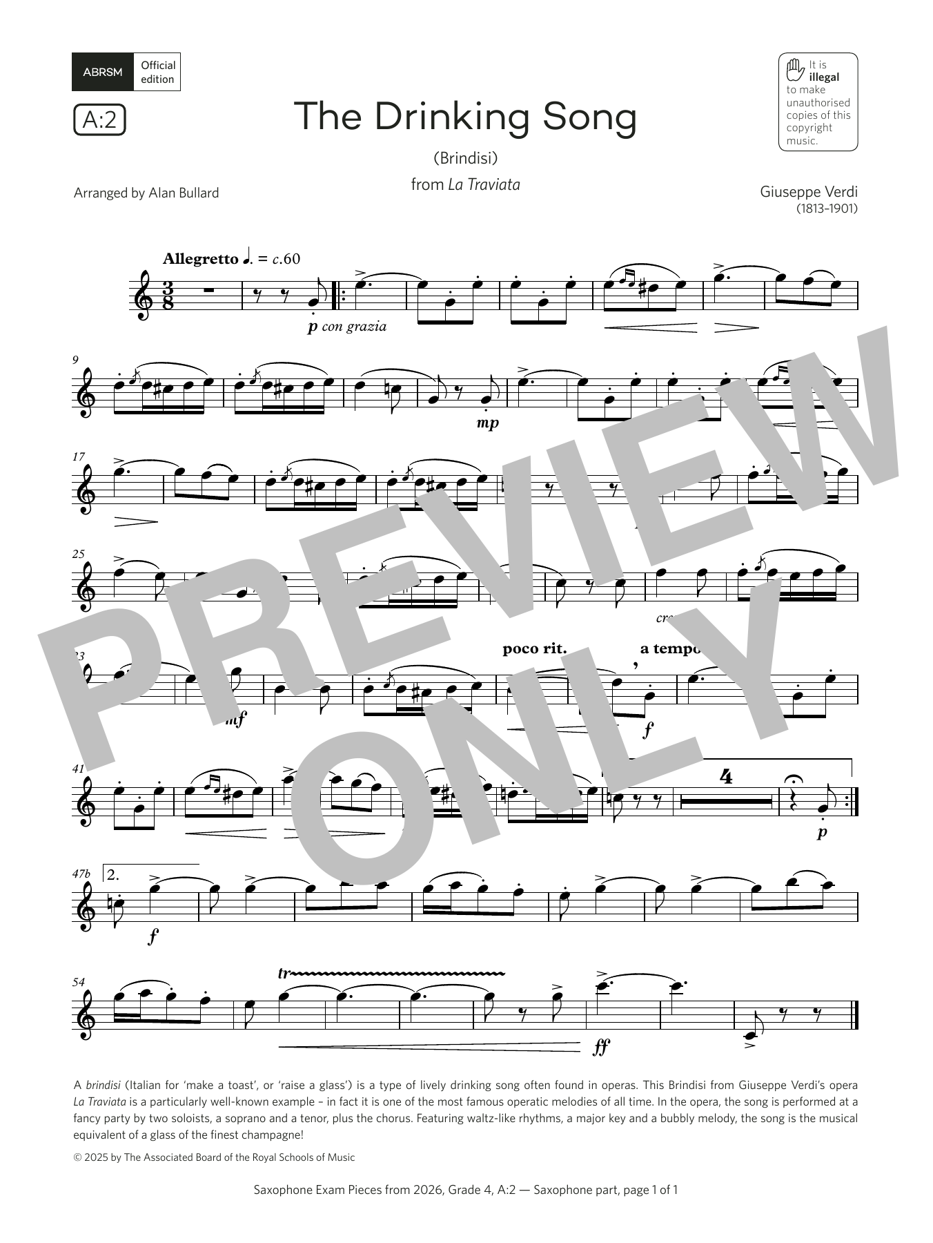 Download Giuseppe Verdi The Drinking Song (Grade 4, list A2, from the ABRSM Saxophone Syllabus from 2026 Sheet Music and learn how to play Alto Sax Solo PDF digital score in minutes