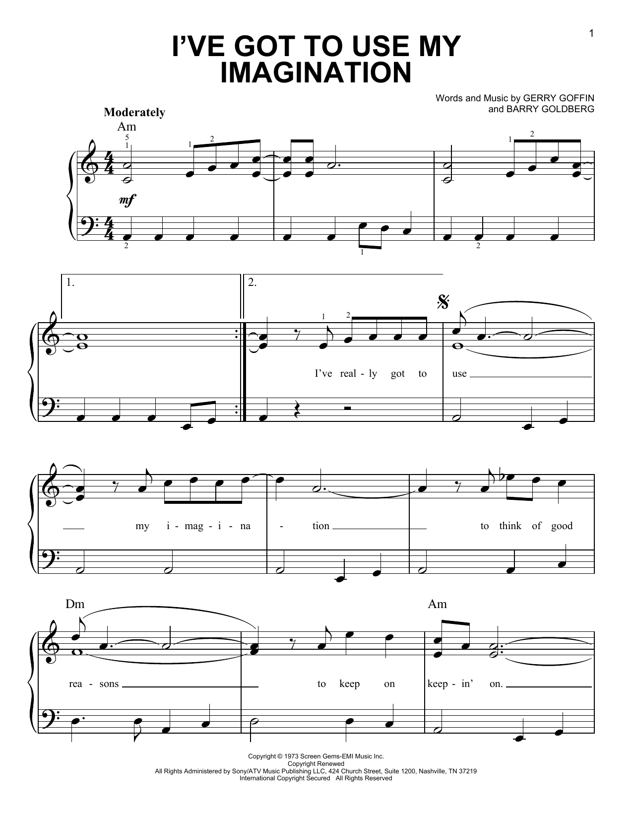Download Gladys Knight & The Pips I've Got To Use My Imagination Sheet Music and learn how to play Very Easy Piano PDF digital score in minutes