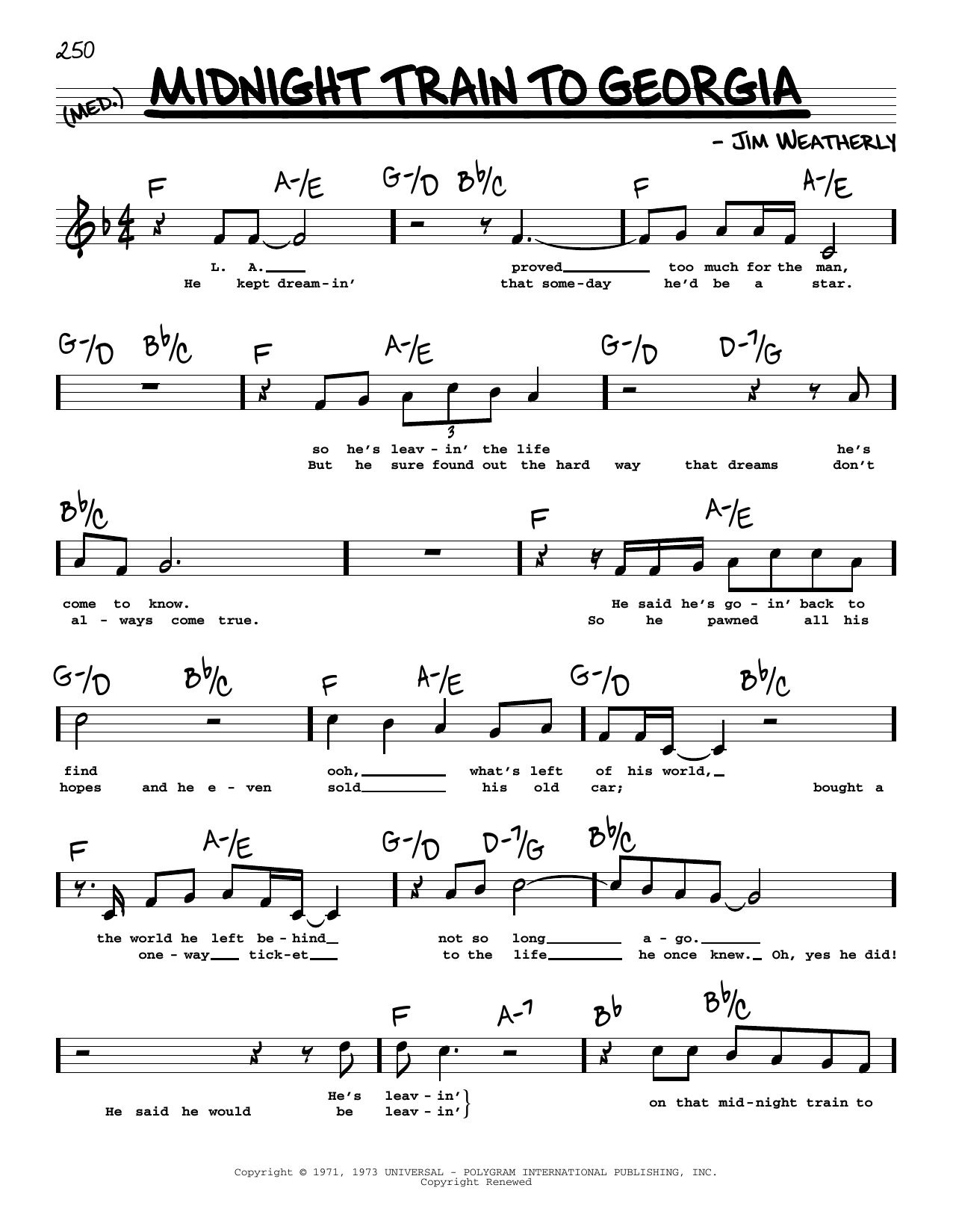 Download Gladys Knight & The Pips Midnight Train To Georgia (High Voice) Sheet Music and learn how to play Real Book – Melody, Lyrics & Chords PDF digital score in minutes