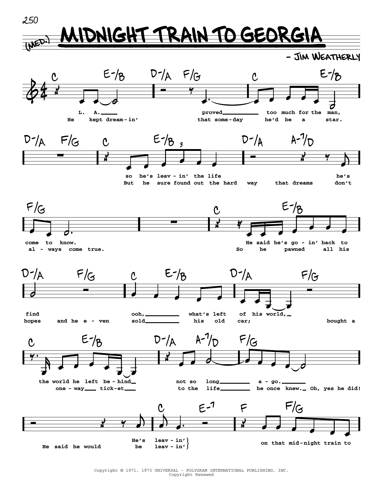 Download Gladys Knight & The Pips Midnight Train To Georgia (Low Voice) Sheet Music and learn how to play Real Book – Melody, Lyrics & Chords PDF digital score in minutes