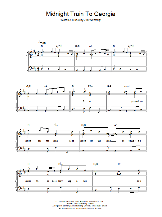 Download Gladys Knight & The Pips Midnight Train To Georgia Sheet Music and learn how to play Melody Line, Lyrics & Chords PDF digital score in minutes
