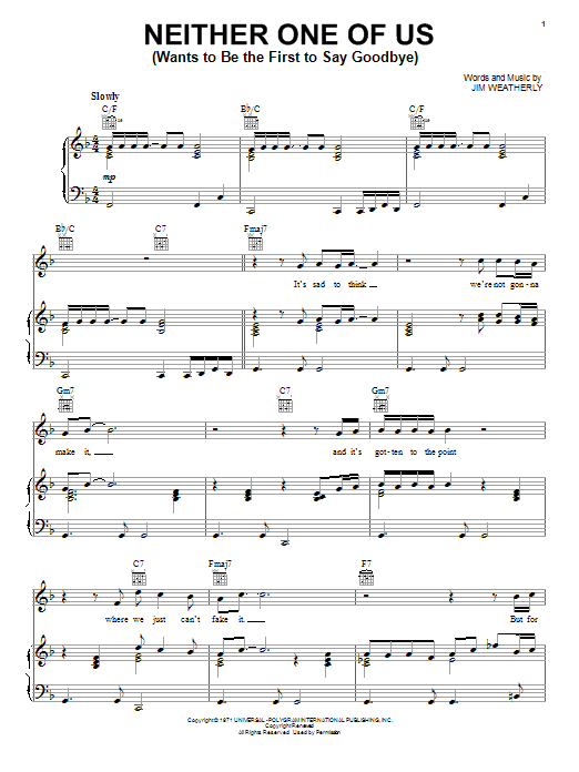 Download Gladys Knight & The Pips Neither One Of Us (Wants To Be The First To Say Goodbye) Sheet Music and learn how to play Piano, Vocal & Guitar (Right-Hand Melody) PDF digital score in minutes
