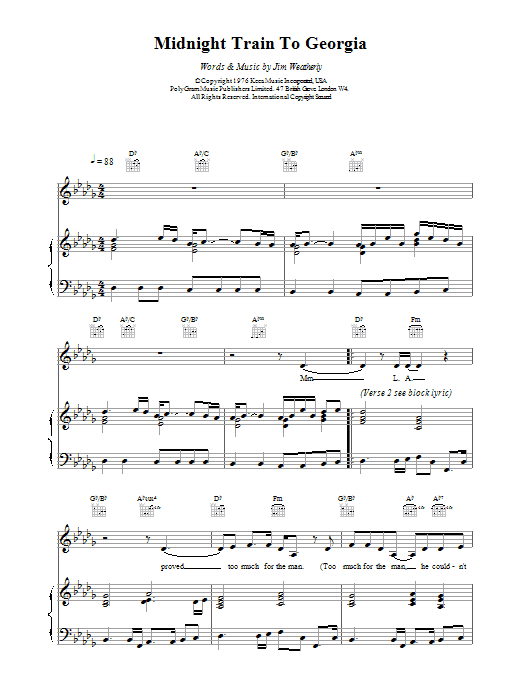 Download Gladys Knight & The Pips Midnight Train To Georgia Sheet Music and learn how to play Piano & Vocal PDF digital score in minutes