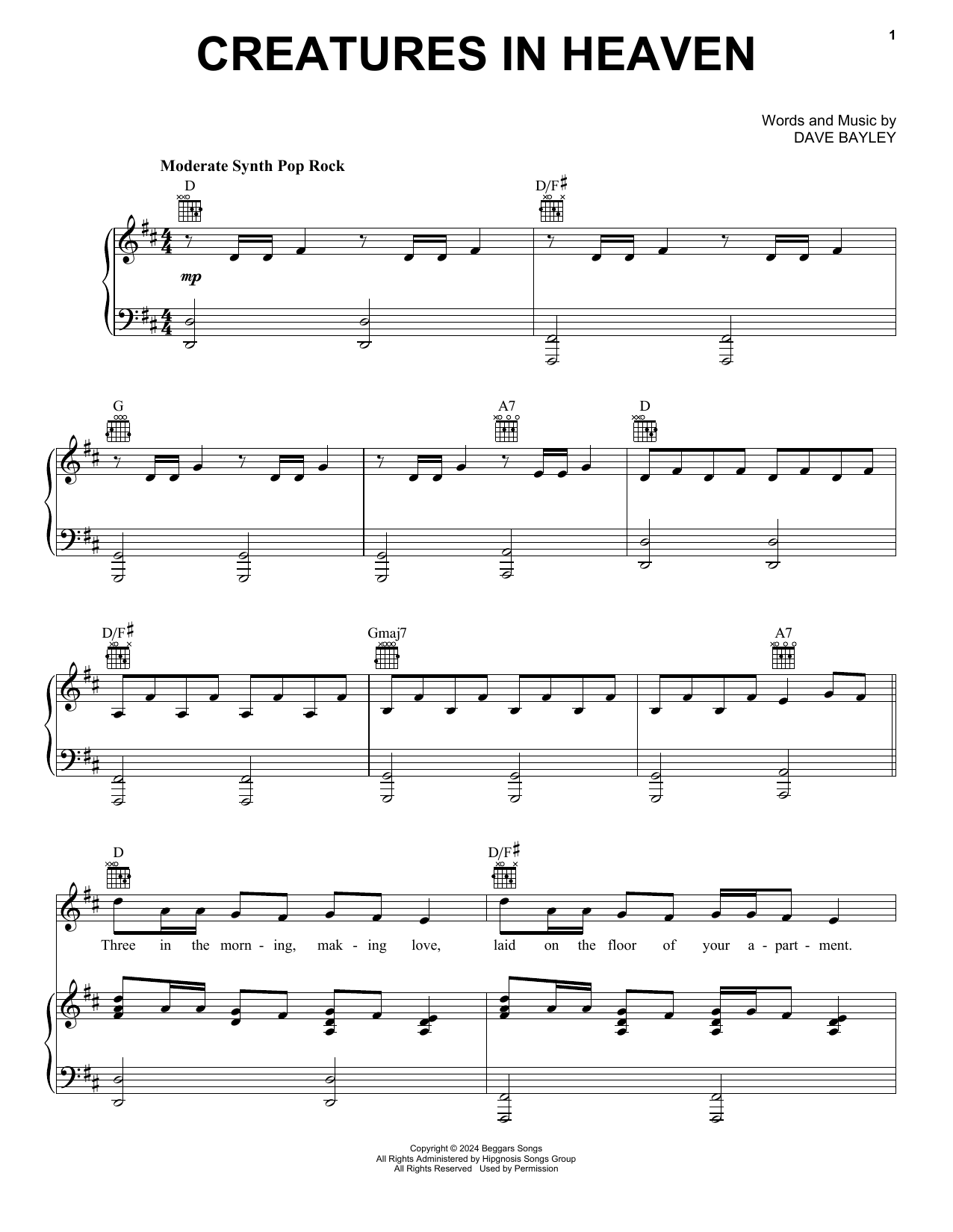 Download Glass Animals Creatures In Heaven Sheet Music and learn how to play Piano, Vocal & Guitar Chords (Right-Hand Melody) PDF digital score in minutes
