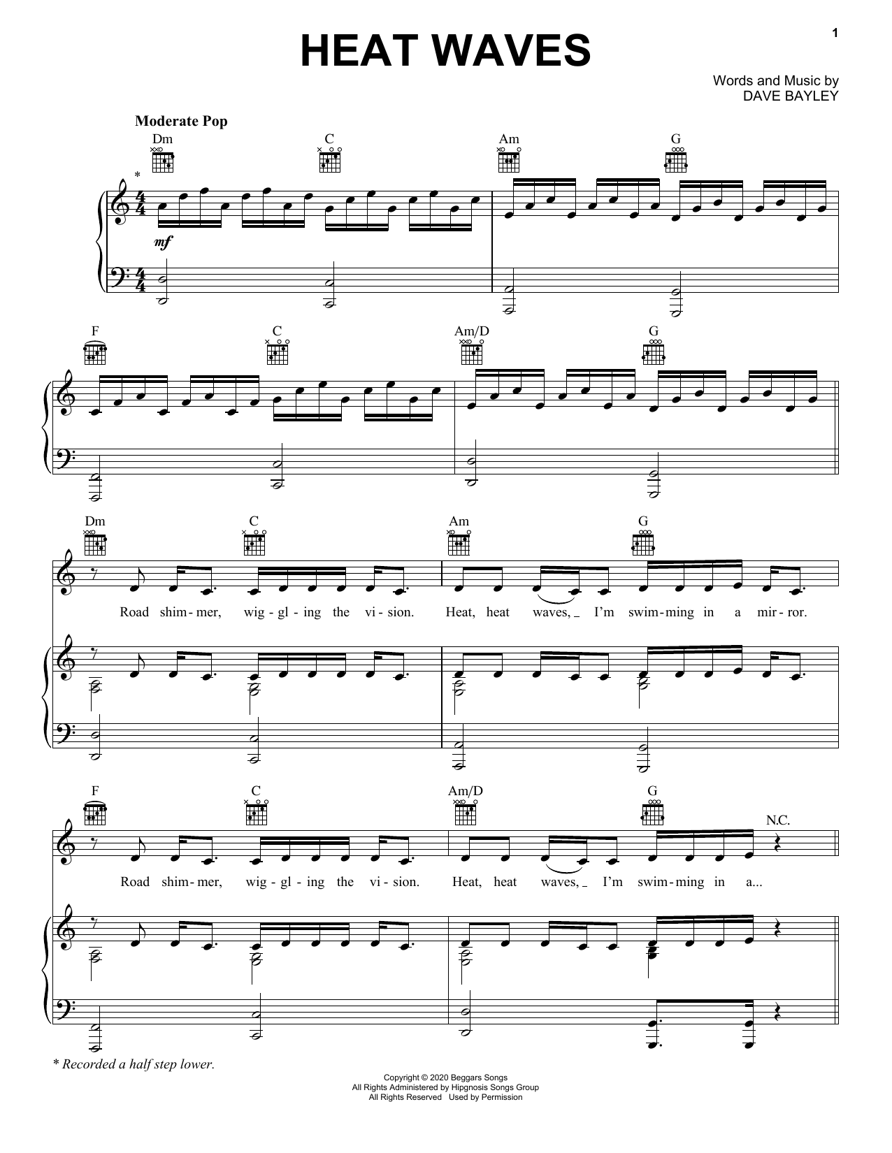 Download Glass Animals Heat Waves Sheet Music and learn how to play Piano, Vocal & Guitar Chords (Right-Hand Melody) PDF digital score in minutes