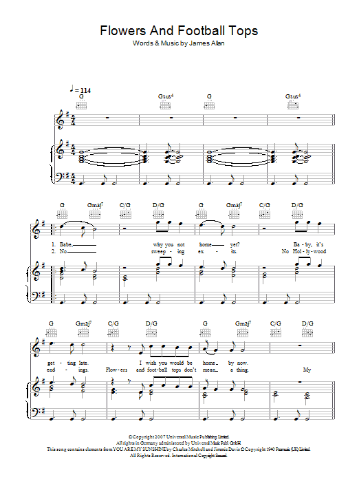 Download Glasvegas Flowers And Football Tops Sheet Music and learn how to play Piano, Vocal & Guitar (Right-Hand Melody) PDF digital score in minutes