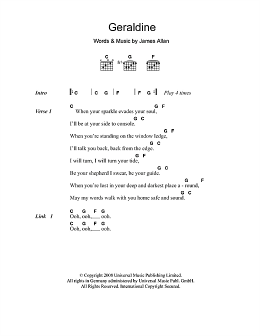 Download Glasvegas Geraldine Sheet Music and learn how to play Piano, Vocal & Guitar (Right-Hand Melody) PDF digital score in minutes