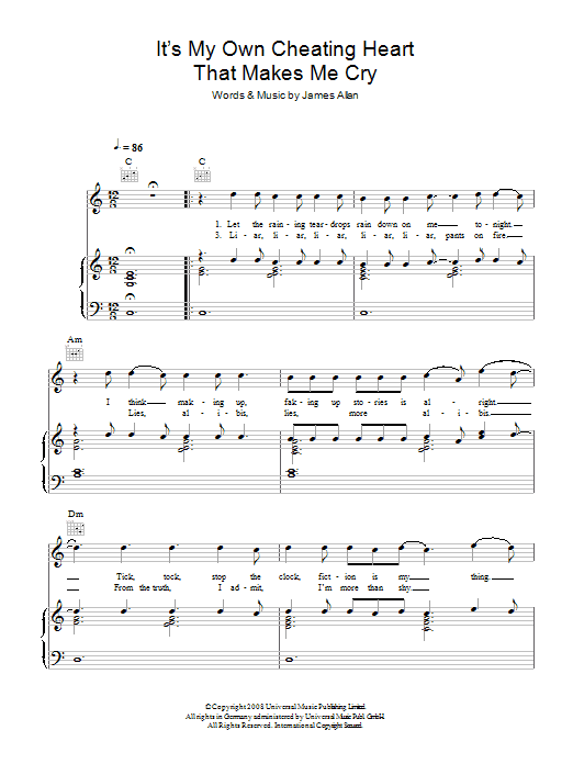 Download Glasvegas It's My Own Cheating Heart That Makes Me Cry Sheet Music and learn how to play Piano, Vocal & Guitar (Right-Hand Melody) PDF digital score in minutes