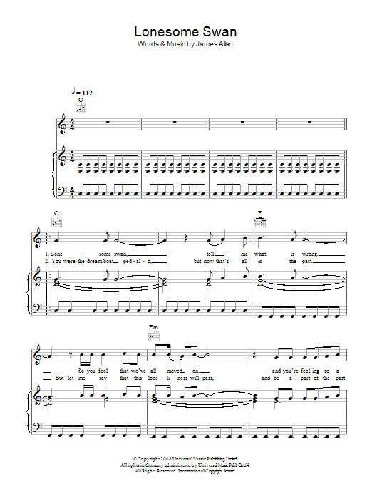 Download Glasvegas Lonesome Swan Sheet Music and learn how to play Piano, Vocal & Guitar (Right-Hand Melody) PDF digital score in minutes