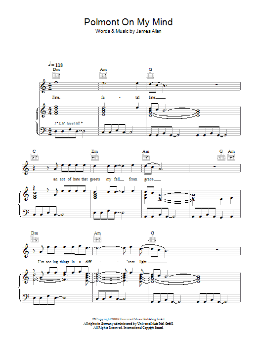 Download Glasvegas Polmont On My Mind Sheet Music and learn how to play Piano, Vocal & Guitar (Right-Hand Melody) PDF digital score in minutes
