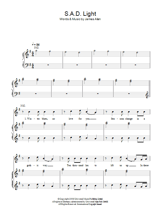 Download Glasvegas SAD Light Sheet Music and learn how to play Piano, Vocal & Guitar (Right-Hand Melody) PDF digital score in minutes