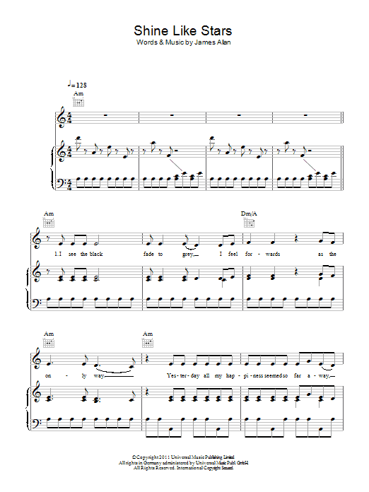 Download Glasvegas Shine Like Stars Sheet Music and learn how to play Piano, Vocal & Guitar (Right-Hand Melody) PDF digital score in minutes