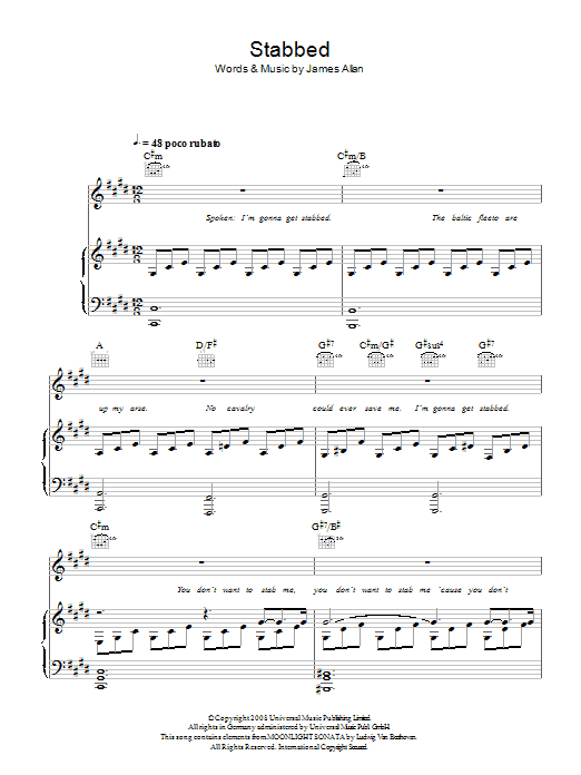 Download Glasvegas Stabbed Sheet Music and learn how to play Piano, Vocal & Guitar PDF digital score in minutes