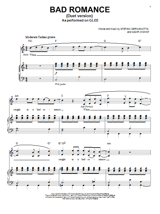 Download Glee Cast Bad Romance (Vocal Duet) Sheet Music and learn how to play Piano & Vocal PDF digital score in minutes