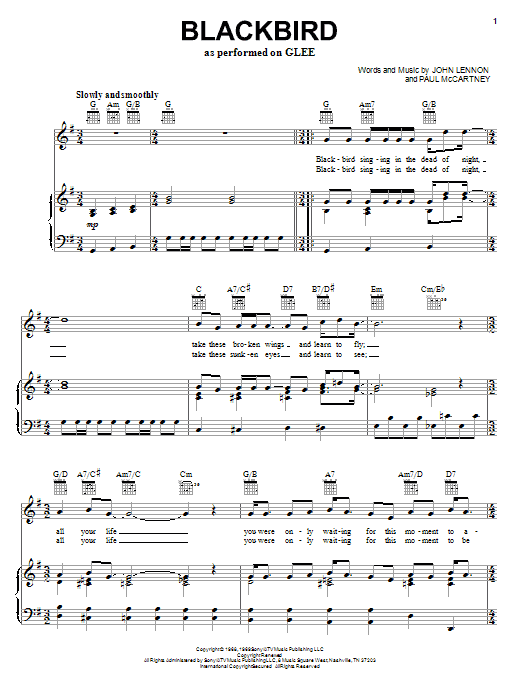 Download Glee Cast Blackbird Sheet Music and learn how to play Piano, Vocal & Guitar (Right-Hand Melody) PDF digital score in minutes