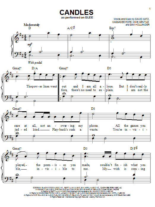 Download Glee Cast Candles Sheet Music and learn how to play Piano, Vocal & Guitar (Right-Hand Melody) PDF digital score in minutes