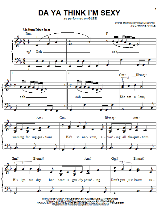 Download Glee Cast Da Ya Think I'm Sexy Sheet Music and learn how to play Easy Piano PDF digital score in minutes