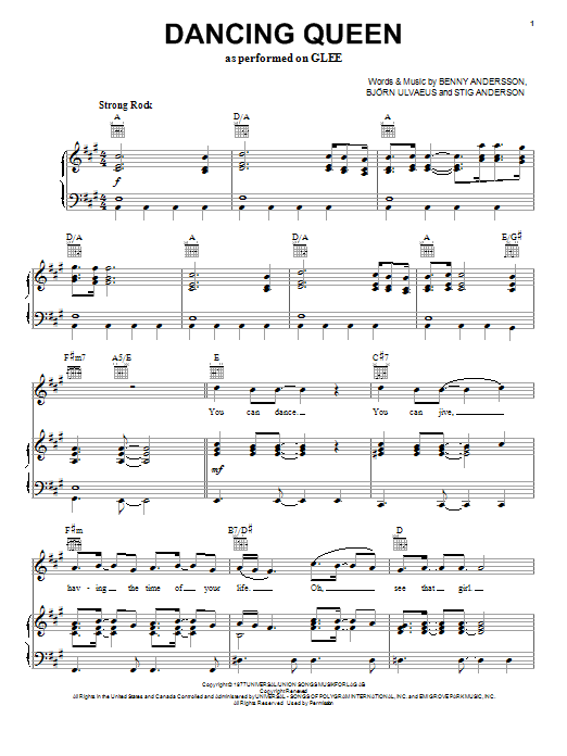 Download Glee Cast Dancing Queen Sheet Music and learn how to play Piano, Vocal & Guitar (Right-Hand Melody) PDF digital score in minutes