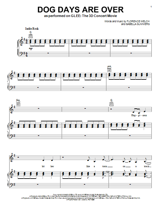 Download Glee Cast Dog Days Are Over Sheet Music and learn how to play Piano, Vocal & Guitar (Right-Hand Melody) PDF digital score in minutes