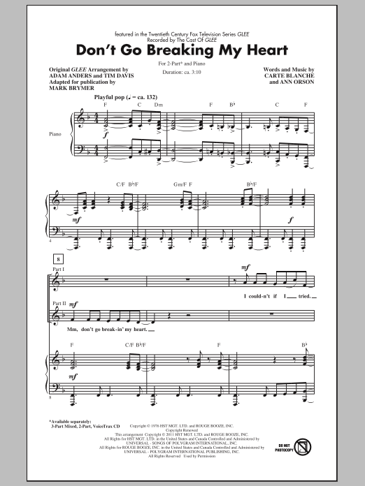 Download Mark Brymer Don't Go Breaking My Heart Sheet Music and learn how to play 2-Part Choir PDF digital score in minutes