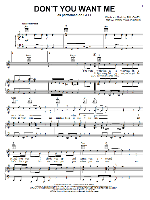 Download Glee Cast Don't You Want Me Sheet Music and learn how to play Piano, Vocal & Guitar (Right-Hand Melody) PDF digital score in minutes