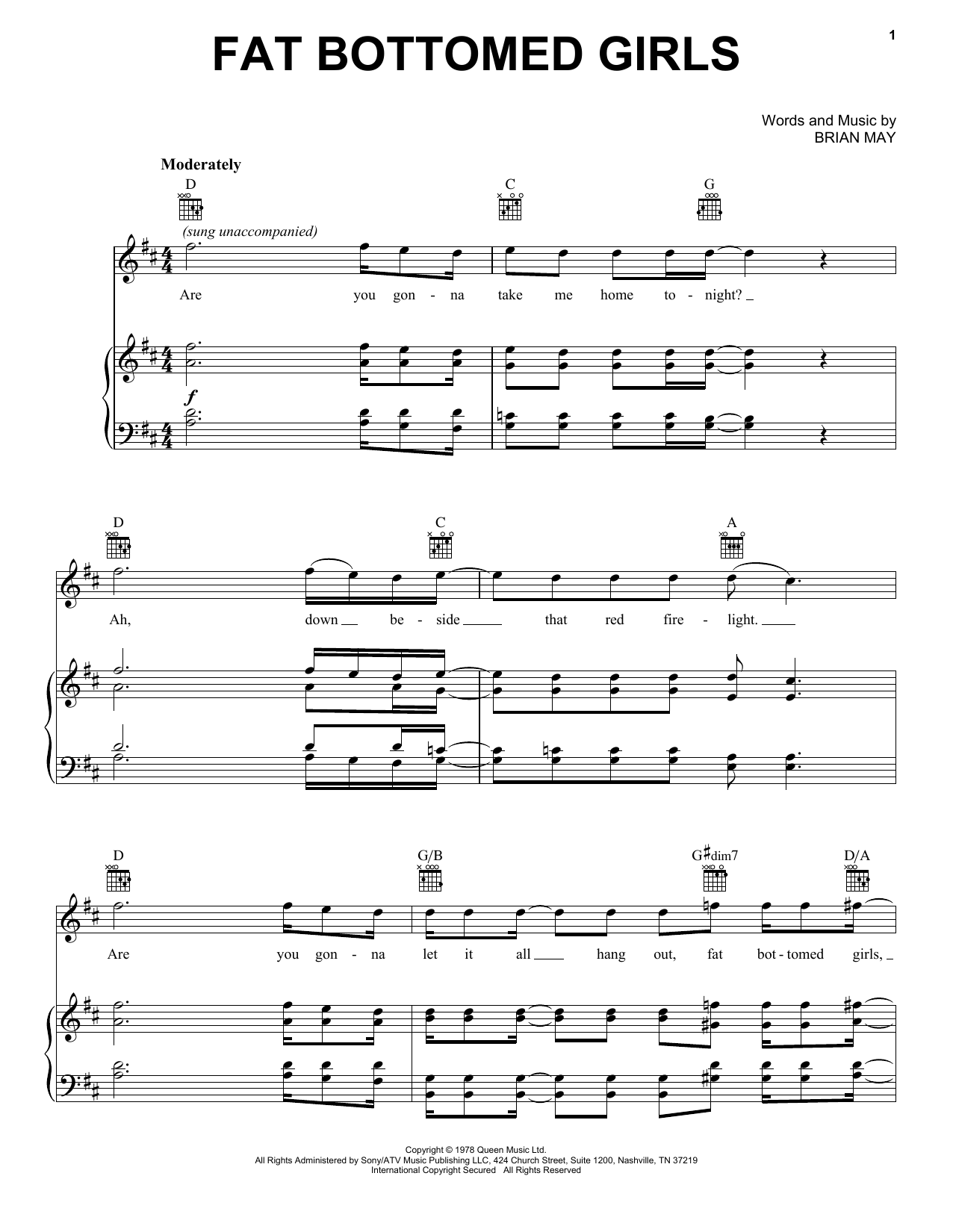 Download Glee Cast Fat Bottomed Girls Sheet Music and learn how to play Piano, Vocal & Guitar (Right-Hand Melody) PDF digital score in minutes