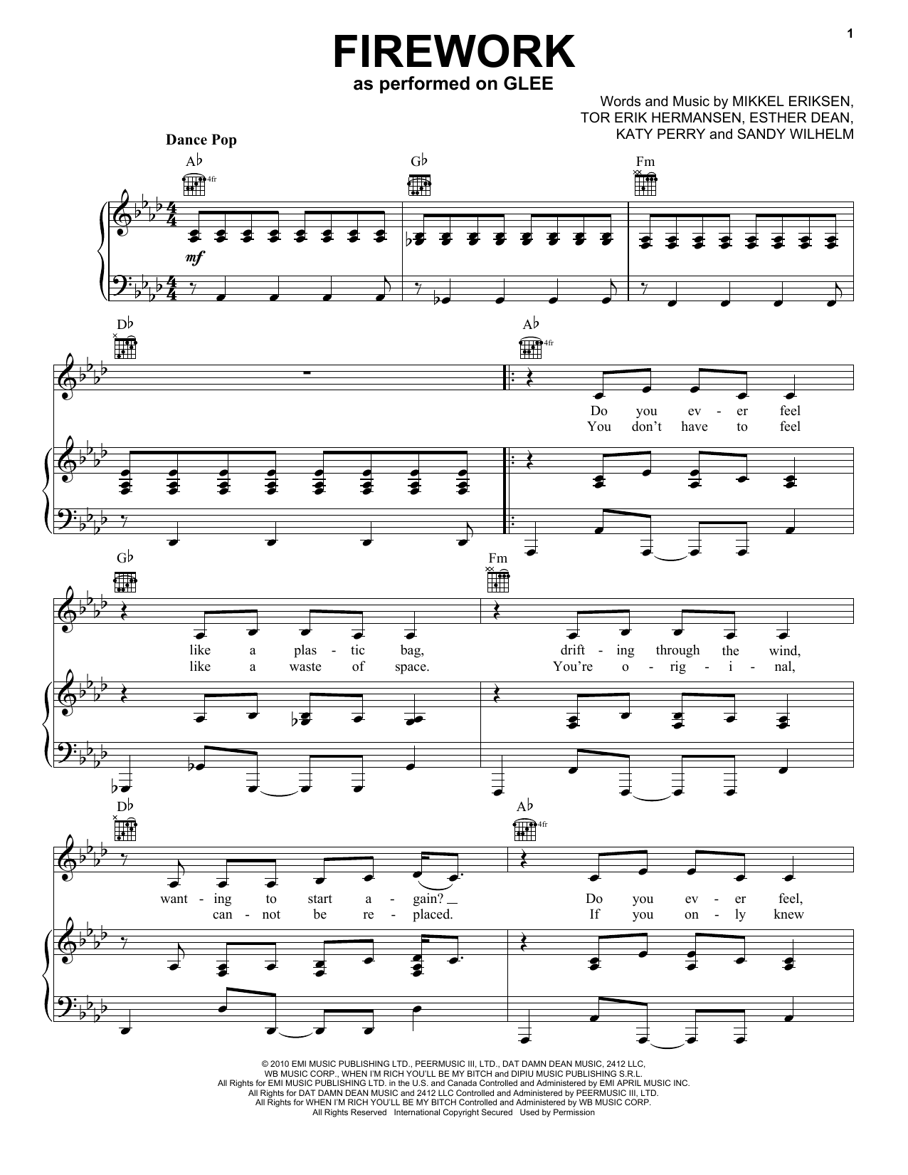 Download Glee Cast Firework Sheet Music and learn how to play Piano, Vocal & Guitar (Right-Hand Melody) PDF digital score in minutes