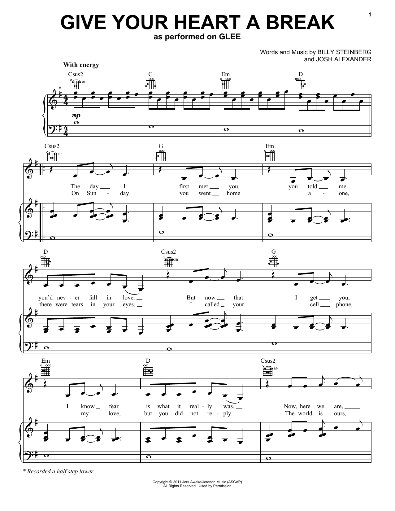Download Glee Cast Give Your Heart A Break Sheet Music and learn how to play Piano, Vocal & Guitar Chords (Right-Hand Melody) PDF digital score in minutes
