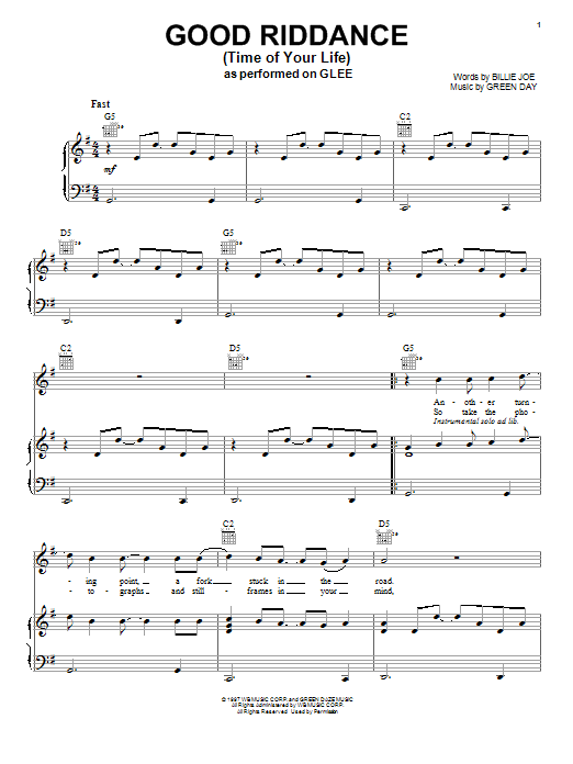 Download Glee Cast Good Riddance (Time Of Your Life) Sheet Music and learn how to play Piano, Vocal & Guitar (Right-Hand Melody) PDF digital score in minutes