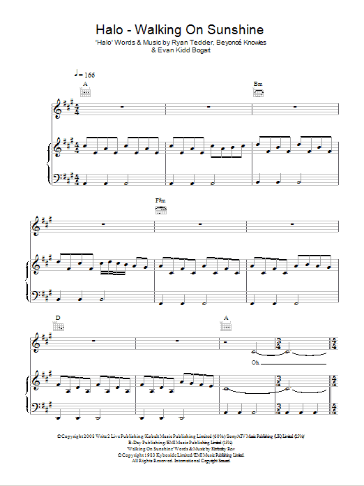 Download Glee Cast Halo / Walking On Sunshine Sheet Music and learn how to play Piano, Vocal & Guitar (Right-Hand Melody) PDF digital score in minutes