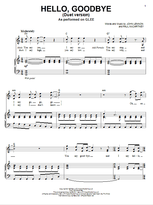 Download Glee Cast Hello, Goodbye (Vocal Duet) Sheet Music and learn how to play Piano & Vocal PDF digital score in minutes