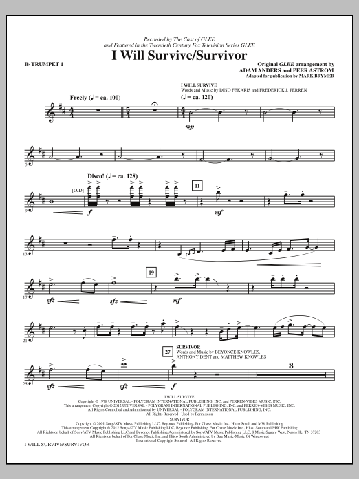 Download Glee Cast I Will Survive/Survivor (arr. Mark Brymer) - Bb Trumpet 1 Sheet Music and learn how to play Choir Instrumental Pak PDF digital score in minutes