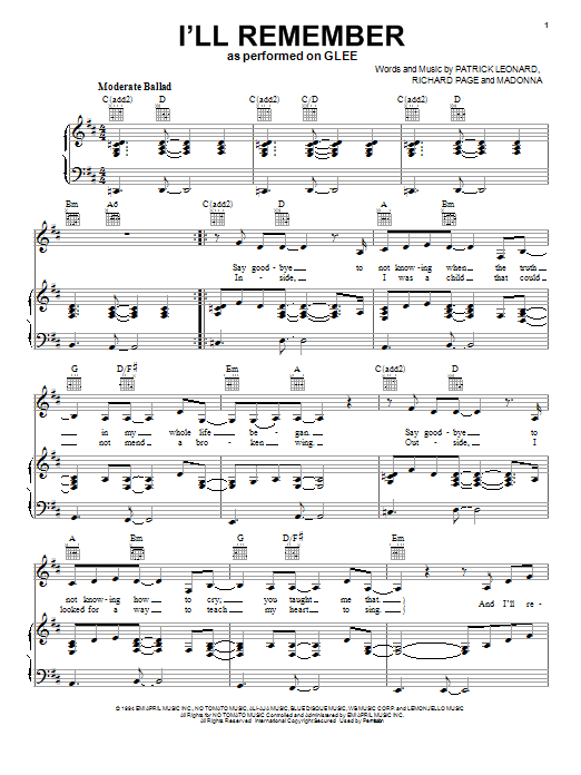 Download Glee Cast I'll Remember Sheet Music and learn how to play Piano, Vocal & Guitar (Right-Hand Melody) PDF digital score in minutes