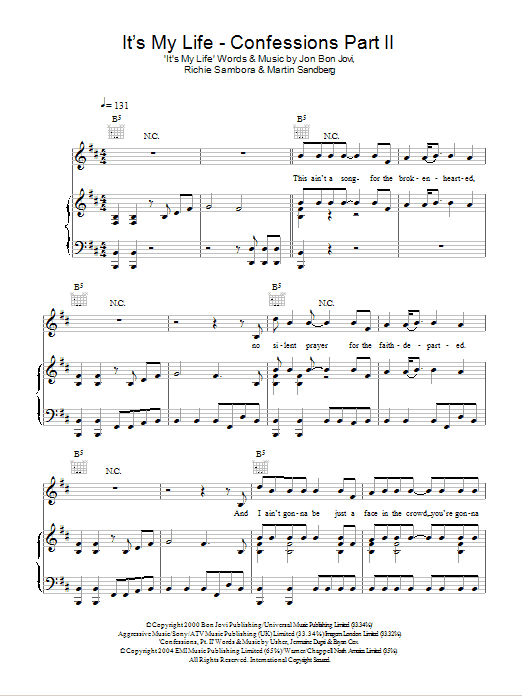 Download Glee Cast It's My Life / Confessions, Pt. II Sheet Music and learn how to play Piano, Vocal & Guitar (Right-Hand Melody) PDF digital score in minutes