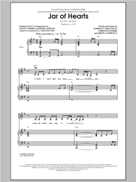 Download Glee Cast Jar Of Hearts (arr. Mark Brymer) Sheet Music and learn how to play SSA PDF digital score in minutes