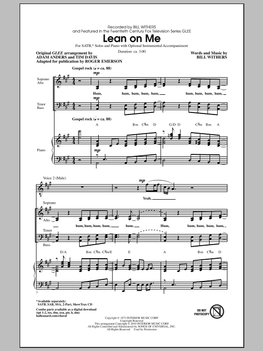 Download Glee Cast Lean On Me (ed. Roger Emerson) Sheet Music and learn how to play SATB Choir PDF digital score in minutes